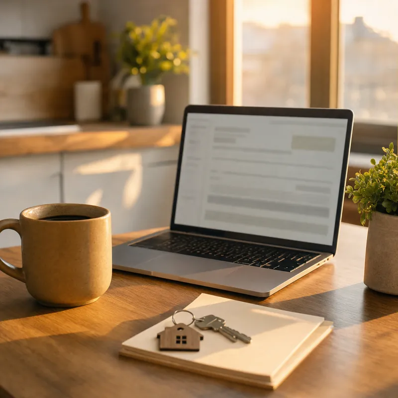 Laptop mit ausgefülltem Steuerformular, daneben eine Kaffeetasse und ein Schlüsselanhänger in Hausform