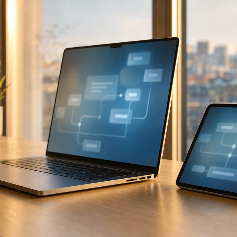 Laptop und Tablet mit einem Ablaufdiagramm aus verbundenen Prozessschritten auf dem Bildschirm