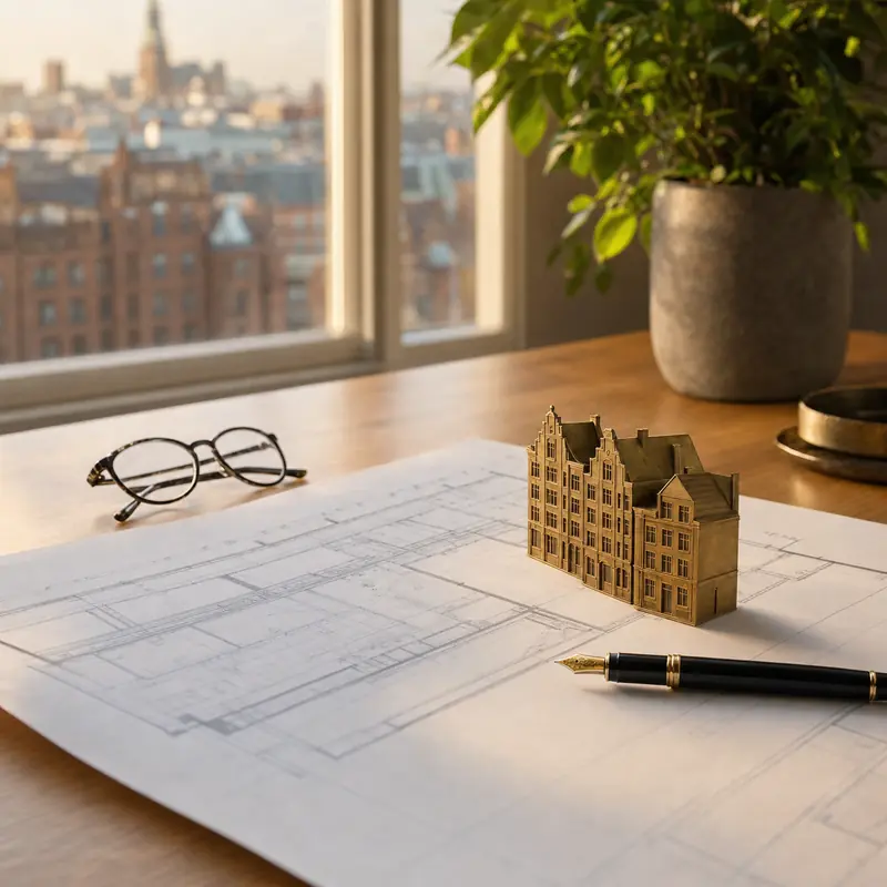 Grundriss und Modell eines Hamburger Speicherhauses auf einem Schreibtisch – Immobilienberatung und Immobilienbesteuerung bei HANSE.TAX