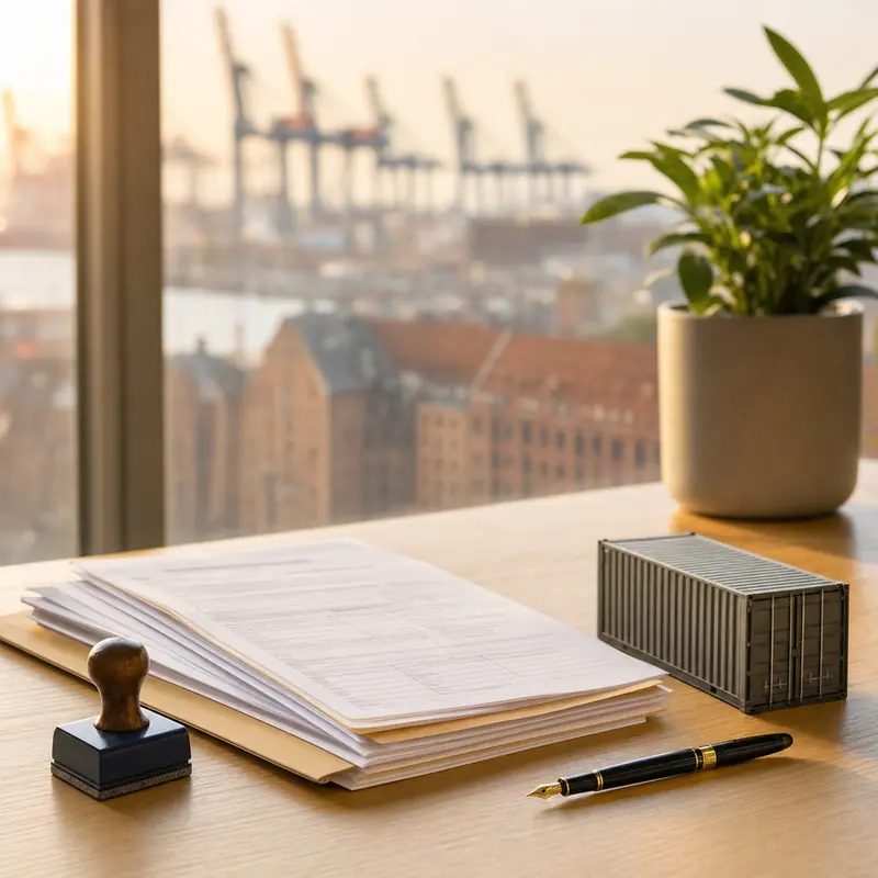 Zollunterlagen und Containermodell auf einem Schreibtisch mit Blick auf den Hamburger Hafen – Zollberatung bei HANSE.TAX