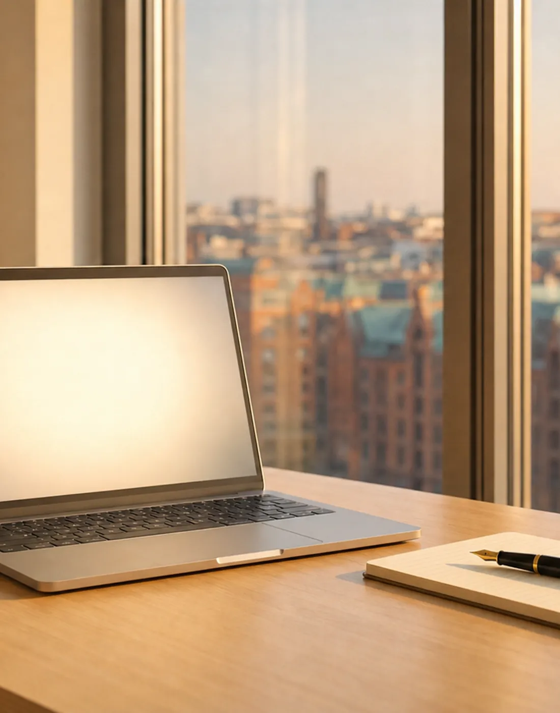 Aufgeklappter Laptop und Notizblock mit Füllfederhalter auf einem Holzschreibtisch, dahinter der Blick durch ein Fenster auf die Hamburger Speicherstadt