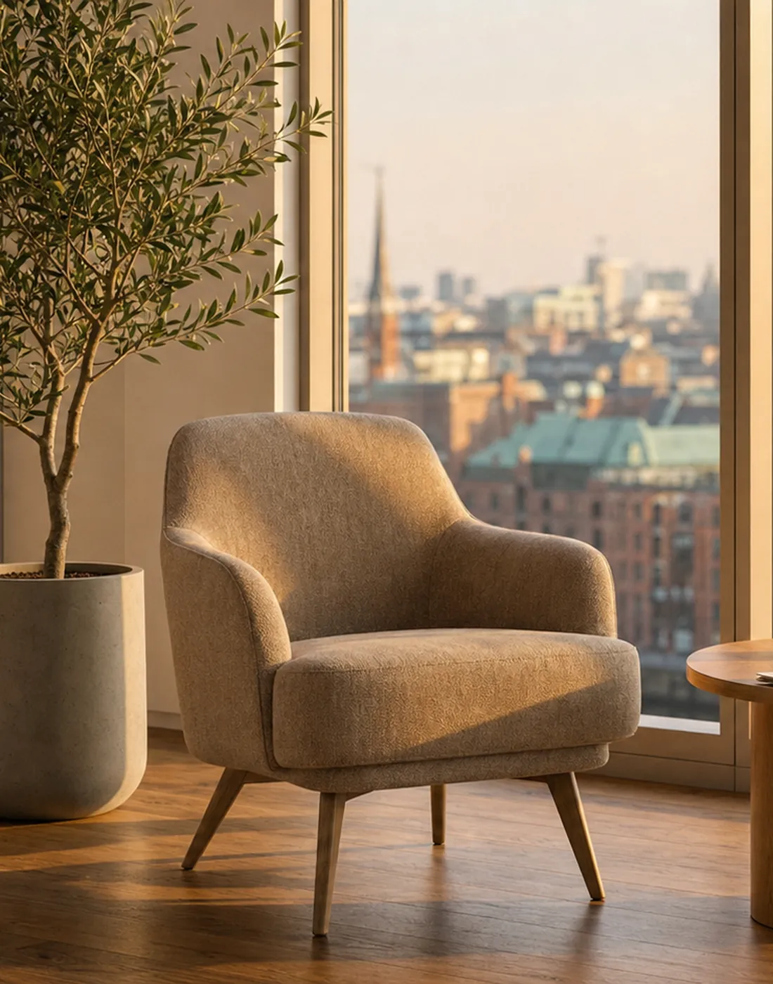 Heller Sessel neben einem Olivenbaum vor einer Fensterfront mit Blick auf die Hamburger Dächer