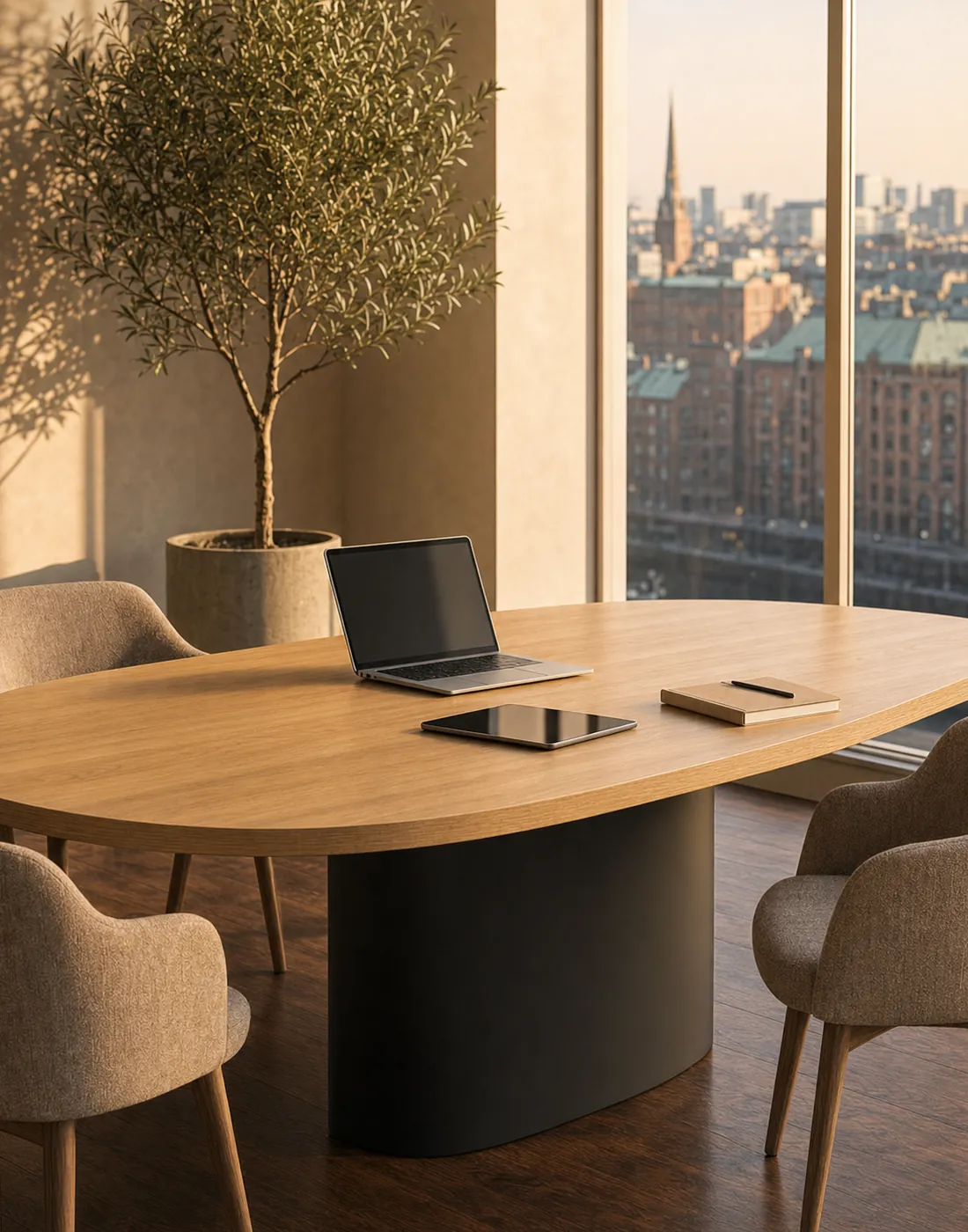 Ovaler Besprechungstisch aus Holz mit Laptop, Tablet und Notizbuch vor einer Fensterfront mit Blick über Hamburg